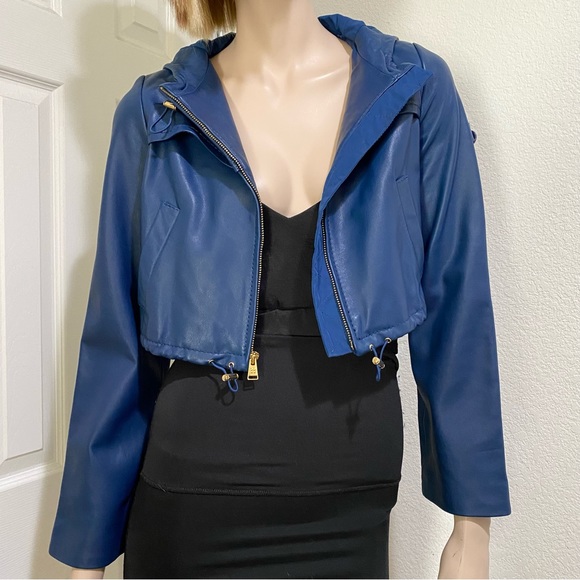 BCBGMaxAzria Blue Cropped Hooded 100% Leather Jacket Size XS - Picture 1 of 16